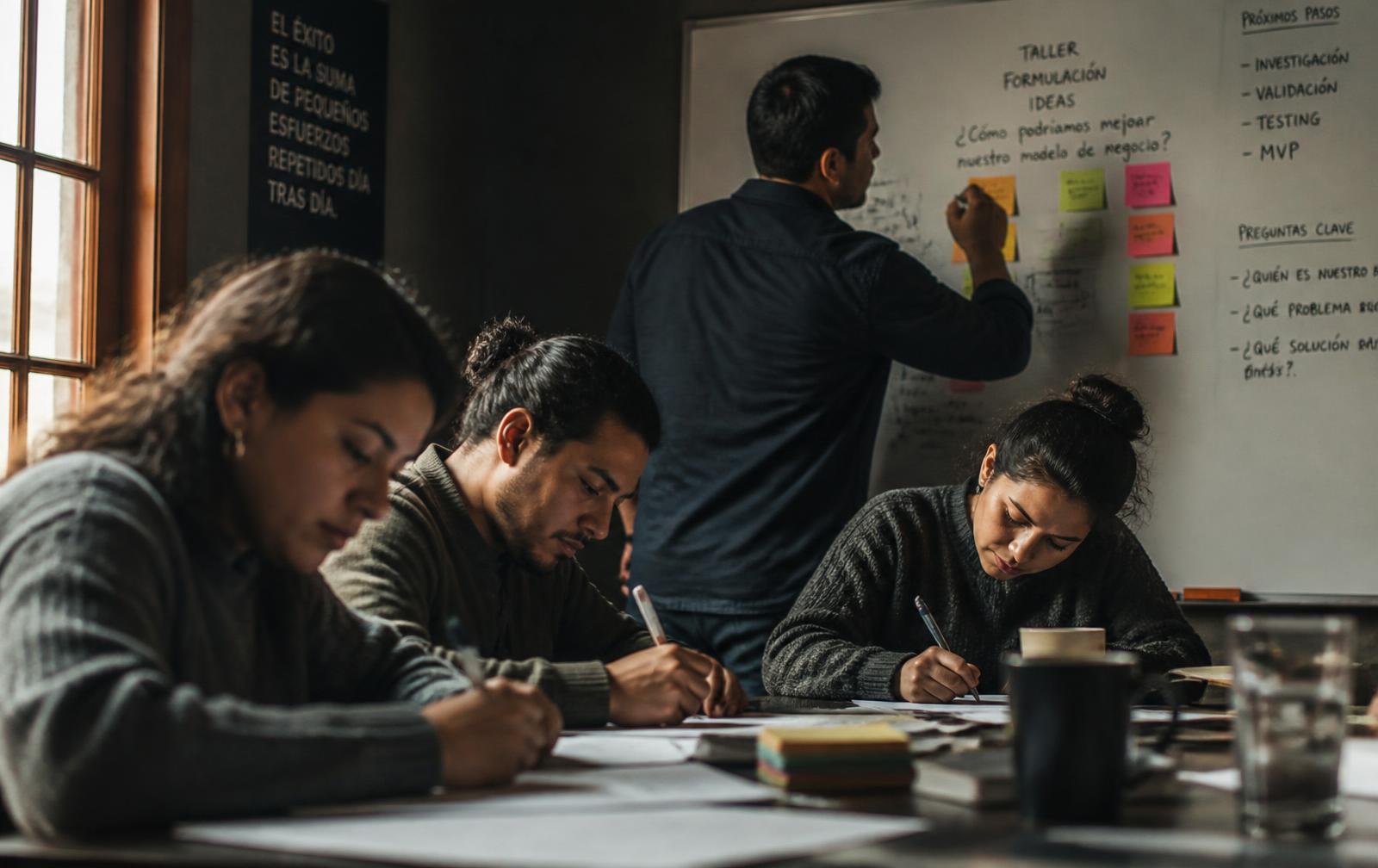 Emprendedores participando de un taller, escribiendo ideas